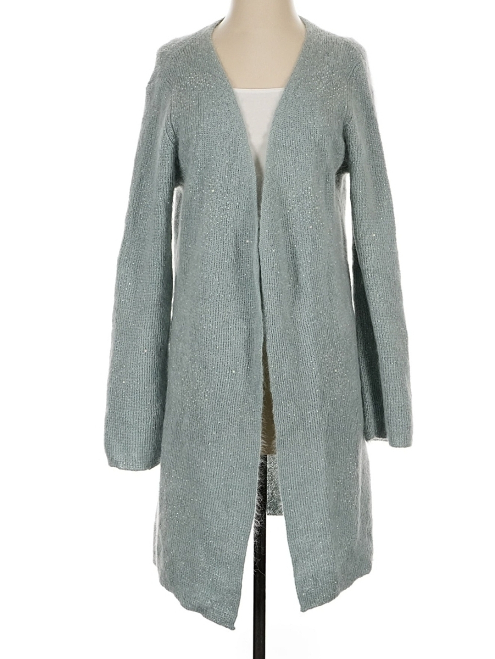 Anne Klein Long Cardigan Open Front Beaded Mohair Small Blue